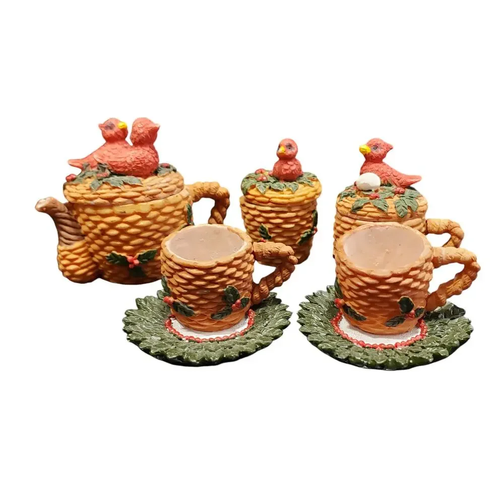 Vintage Bird Tea Set Spring Birds Nest Red Detailed 10 Pieces Miniature Tea Set